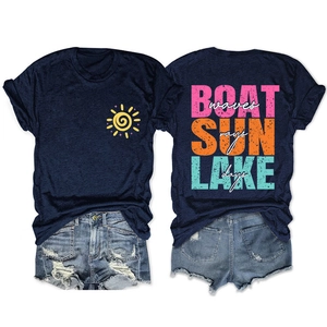 Detail of the distressed color lettering print on the back of this casual navy summer tee