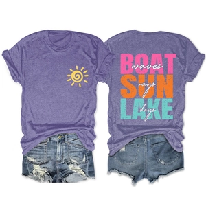 Front and back detail of purple crewneck T-shirt with sun and boat waves graphic print