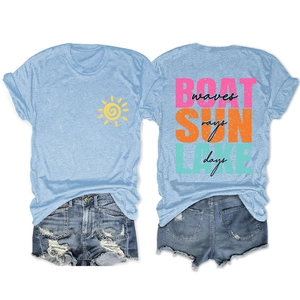 Front and back view of light blue t-shirt with Boat Sun Lake print and denim shorts