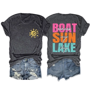 Deep grey short sleeve T-shirt featuring BOAT SUN LAKE sun pattern and wave graphics