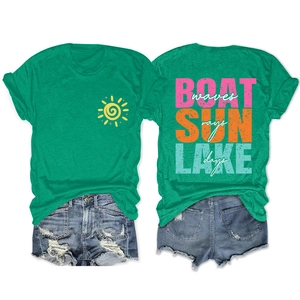 Front and back detail of green graphic t-shirt with summer boat sun rays lake days print