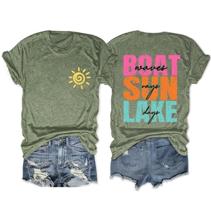 Detail of BOAT SUN LAKE graphic print on a crewneck t-shirt with denim shorts set