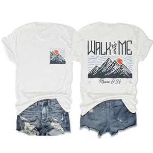 T-Shirt Décontracté en Mélange de Coton pour Femmes Imprimé Verset Biblique Walk With Me Moses Graphique Montagne Soleil