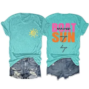 Women Graphic T-Shirt Cotton Blend Loose Fit Round Neck Short Sleeve Summer Casual Sun Lake Waves Print Top