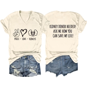 Flat lay of kidney donor awareness V-neck T-shirt with denim shorts on white background