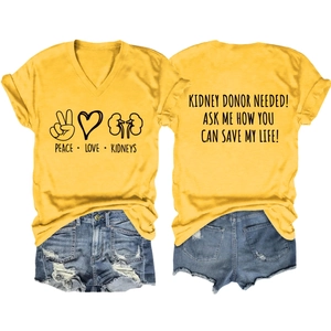 Detail view of V-neck T-shirt back with Kidney Donor Needed print and denim shorts