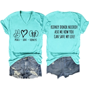 Front and back detail of V-neck T-shirt with Kidney Donor Needed print and denim shorts