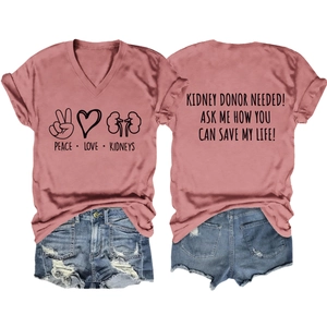 Front and back detail of V-neck T-shirt with Peace Love Kidneys print and donor message