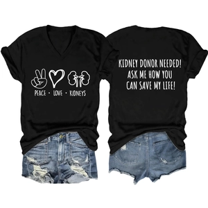 Front and back detail of V-neck T-shirt with Kidney Donor Needed print and denim shorts