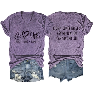 Front and back detail of V-neck purple T-shirt with Kidney Donor awareness graphics