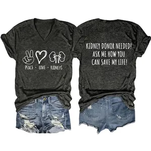 Women Casual Cotton Blend V-Neck Short Sleeve T-Shirt Peace Love Kidneys Printed Loose Pullover Top