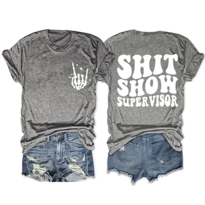 Front and back view of grey cotton t-shirt with Shit Show Supervisor print and denim shorts