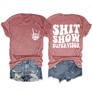 Detailed front and back view of Heather Red Shit Show Supervisor graphic t-shirt