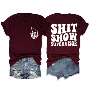 Deep red t-shirt with Shit Show Supervisor back print and distressed denim shorts