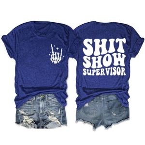 Detail view of navy t-shirt with Shit Show Supervisor print and frayed denim shorts