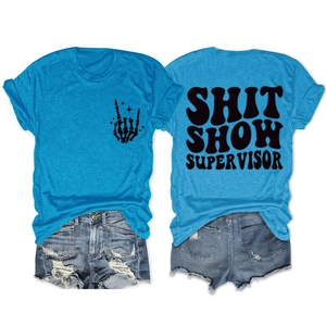 Blue t-shirt featuring a black skull print and Shit Show Supervisor back slogan