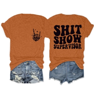 Front and back detail of orange heather t-shirt with Shit Show Supervisor print and denim shorts
