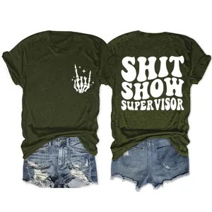 Women's Casual Cotton Blend T-Shirt Humorous Shit Show Supervisor Skeleton Hand Print Round Neck Short Sleeve Top