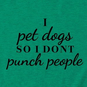 Detail of dark green cotton T-shirt featuring I pet dogs printed slogan and knit fabric texture