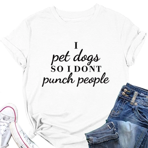 Flat lay of white cotton t-shirt with I pet dogs text paired with jeans and shoes