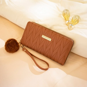 Women Long Wallet Quilted PU Leather Clutch Purse Zip Around Wrist Strap And Faux Fur Pom Pom Charm Elegant