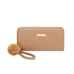 Women long quilted wallet in light brown with zipper closure and plush ball charm