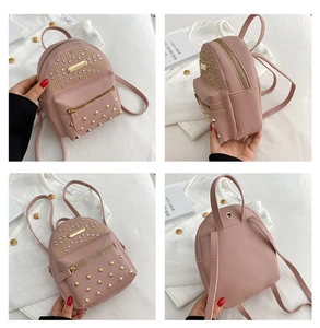Pink mini PU leather backpack with gold rivets and rhinestones shown from four angles