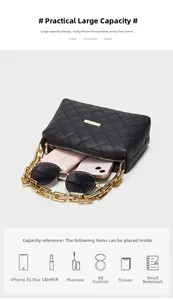 Black quilted crossbody bag with thick gold chain and interior storage capacity