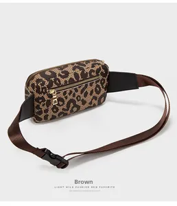 Macro shot of stylish leopard print waist bag showing adjustable strap and back zip pocket