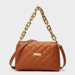 Brown quilted crossbody bag with gold chain strap and elegant rhombic embroidery