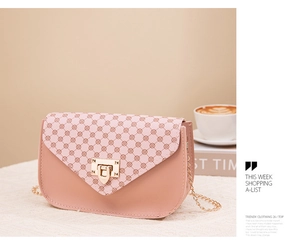 Pink printed PU leather crossbody bag with vintage patterns and gold chain strap detail