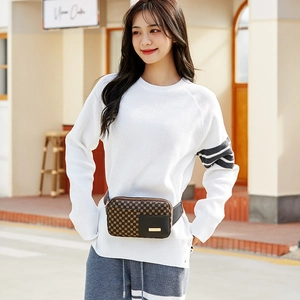Brown checkered waist bag with black leather detail and metal plate shown on a model