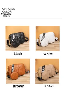Quilted V-pattern crossbody bags in four colors with wide lettered straps and mini pouch