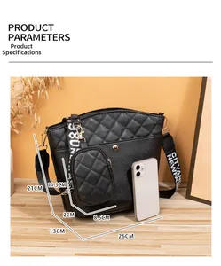 Détails du sac seau noir matelassé avec dimensions et bandoulière contrastée