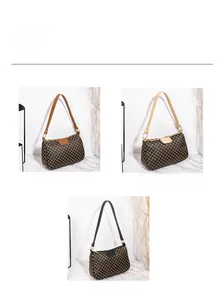 Detailed view of fashionable crescent handbags in brown, apricot, and black printed options