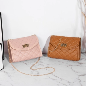 Chic quilted crossbody bags in pink and brown with gold metal twist locks and chain straps