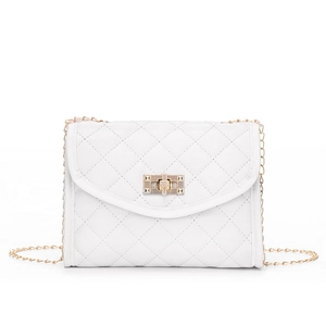 White quilted crossbody bag with gold chain strap and elegant rectangular twist lock
