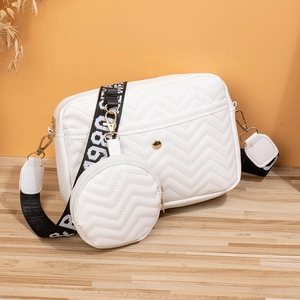 White chevron quilted crossbody bag with coin purse and printed wide strap