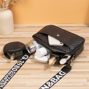 Black V-quilted crossbody bag set with wide logo strap and round coin purse in high-quality PU