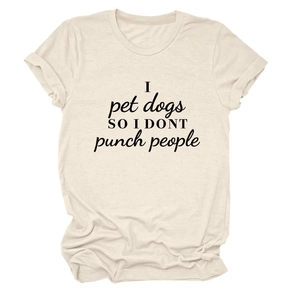 Detail of rolled sleeve cuff on cream cotton t-shirt with funny dog lover slogan print