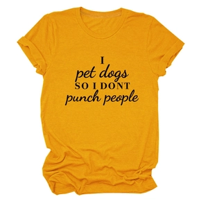 Detail of bright yellow crewneck t-shirt featuring black bold dog lover slogan print