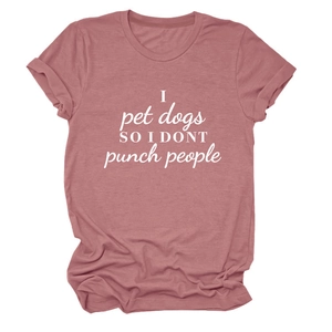 Close-up of knit fabric and funny dog quote print on a mauve crew neck T-shirt