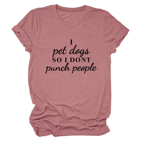 Detail of dusty rose crew neck t-shirt with rolled sleeves and funny slogan print