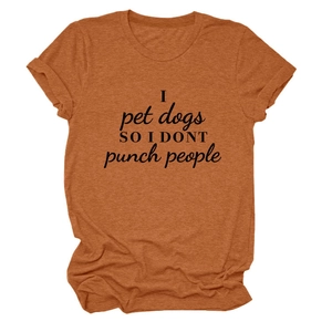 Detail of rust red cotton t-shirt featuring I pet dogs print and rolled sleeve cuffs