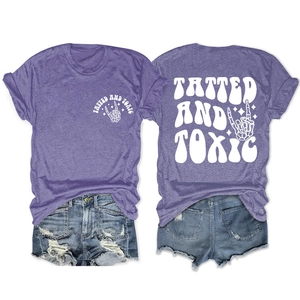Front and back detail of Tatted and Toxic purple graphic T-shirt with denim shorts set