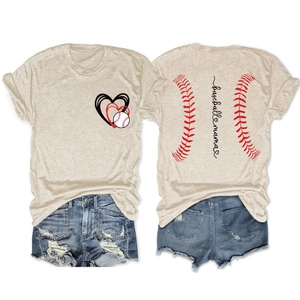 Front and back detail of baseball mama t-shirt with heart graphics and vintage shorts