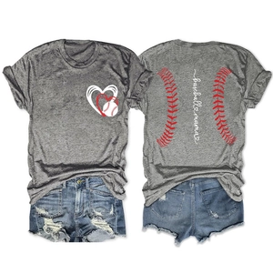 Front and back view of grey baseball mama T-shirt with denim shorts set