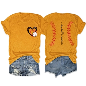 Front and back detail of ginger baseball mama t-shirt with red stitching graphics