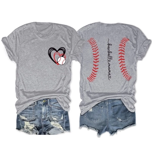 Detailed view of grey baseball mama T-shirt showing front heart graphic and back red stitching