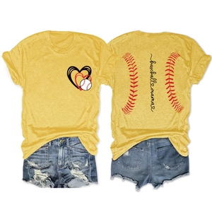 Front and back view of yellow baseball mama t-shirt with heart and stitch printing details